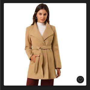 NWT Allegra K Women's Collar Winter Belted Long Coat Light Brown - Size Medium